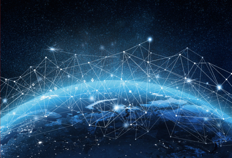 An abstract image of a global network with religious symbols subtly integrated