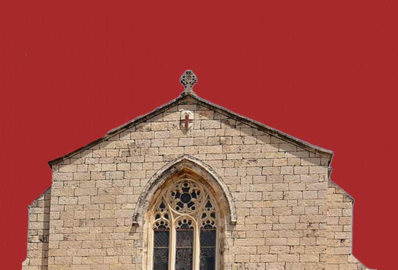 A stone church facade with a prominent stained-glass window and a cross at its peak, depicting 
