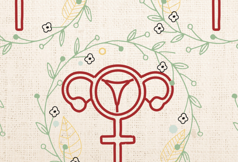 A patterned background featuring stylized reproductive symbols interspersed with crosses and floral designs