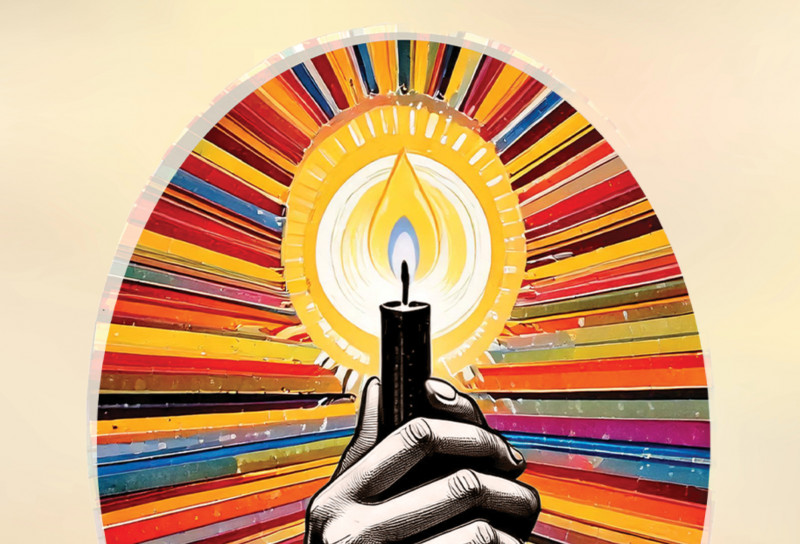 An artistic rendering featuring a hand holding a lit candle against a vibrant, multi-colored arch