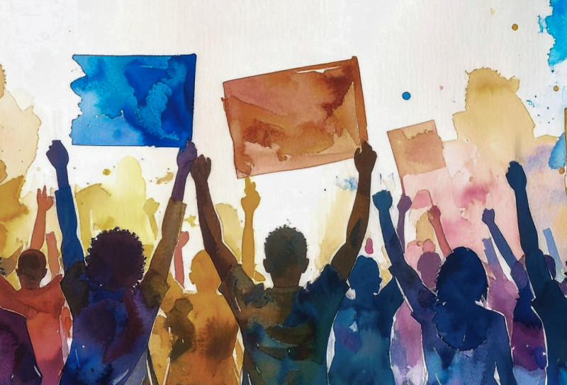 A watercolor-style illustration of a crowd with raised hands holding signs
