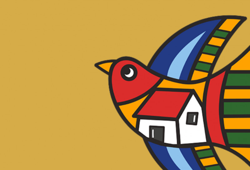 A vibrant, abstract illustration of a multicolored bird featuring a red-roofed house at its center, symbolizing justice, safety, and human rights rooted in community, often associated with Cristosal's advocacy work in Central America.